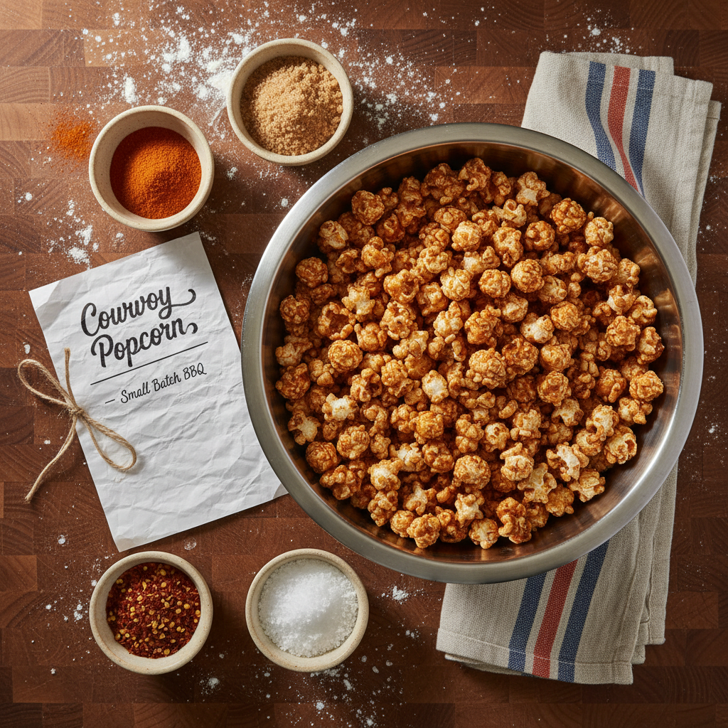 An overhead, flat-lay composition of a popcorn-making workstation: a stainless steel mixing bowl heaped with Cowboy Popcorn, small ingredient dishes holding smoked paprika, brown sugar, chili flakes, and sea salt, and a handwritten recipe card labeled “Cowboy Popcorn – Small Batch BBQ.” The setup rests on a flour-dusted butcher-block counter, with a striped dish towel adding a pop of color. Soft, diffused window light from the top of the frame creates gentle, natural shadows around each object. Photographic realism, sharp focus with clean, organized spacing, and a warm, inviting, DIY atmosphere that highlights the craft of making fresh, small-batch popcorn.
