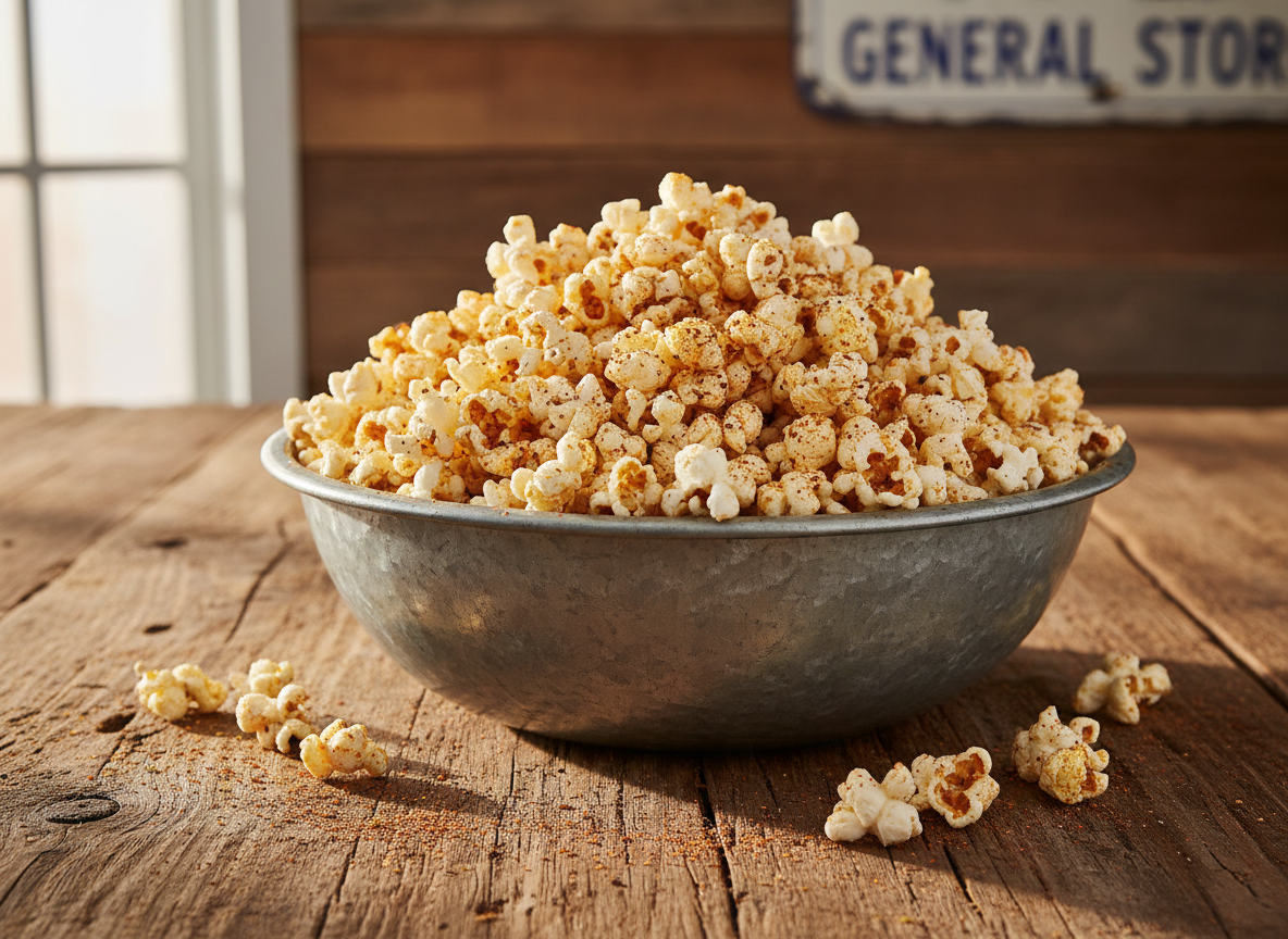 A heaping metal bowl of freshly popped Cowboy Popcorn, each kernel coated in a speckled reddish-brown barbecue seasoning, glistening with a light buttery sheen. The bowl rests on a reclaimed wood table with visible grain and knots, scattered with a few stray kernels and spice dust. Warm, golden-hour window light pours in from the side, catching the texture of the seasoning and casting soft, playful shadows. The background is gently blurred, suggesting rustic barn wood and a hint of a vintage enamel sign. Shot at a slightly elevated angle with shallow depth of field, photographic realism, vibrant and colorful, creating an energetic, fun, and irresistibly snackable atmosphere.