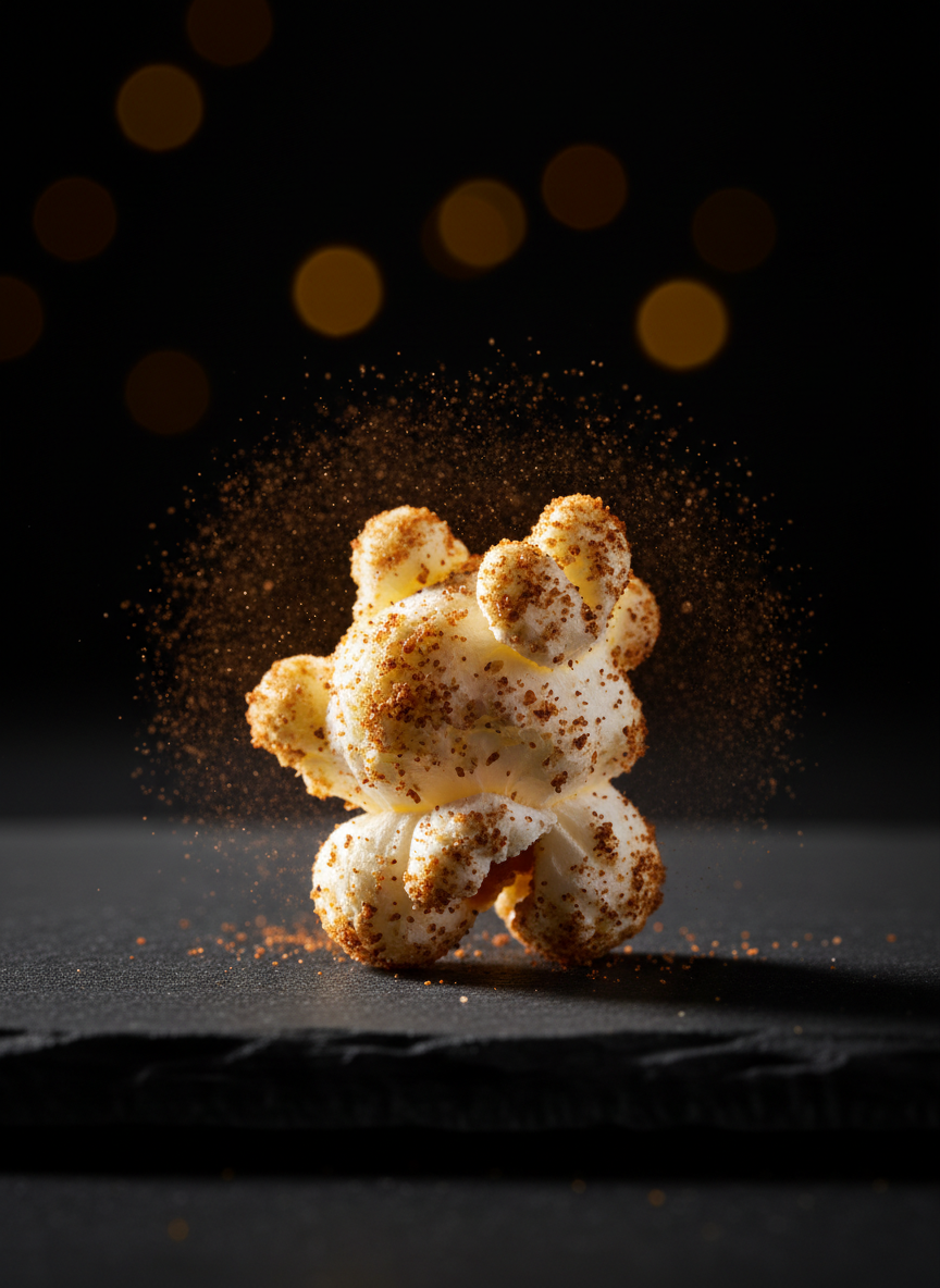 A minimalist hero shot of a single, perfectly formed kernel of Cowboy Popcorn standing upright on a matte black surface, its puffed white curves contrasted by a rich layer of reddish-brown barbecue seasoning. A faint trail of spice dust surrounds it like an aura. One narrow beam of dramatic side lighting carves out strong highlights and deep shadows, emphasizing every ridge and crystal of salt. The background falls into pure, velvety darkness with subtle bokeh sparkles of distant light. Photographic realism, extreme macro focus, and a bold, almost cinematic mood that elevates this single kernel into an icon of flavor.