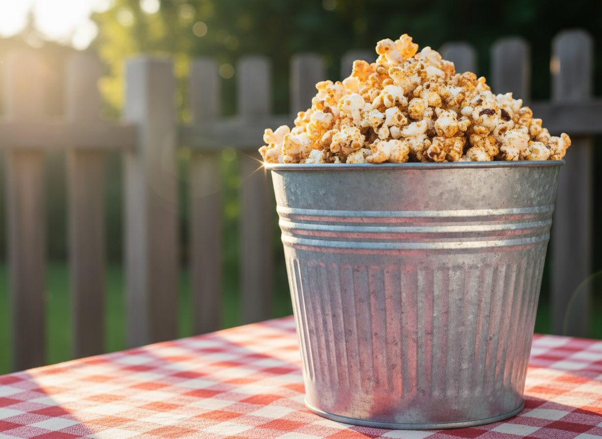 An overflowing galvanized metal bucket filled with Cowboy Popcorn, its sides faintly frosted from cool air, sitting atop a red-and-cream checkered picnic cloth. Each kernel displays a lively mix of white puff and charred-spice flecks, suggesting a backyard barbecue flavor. Late afternoon sunlight streams in from the left, creating bright highlights on the metal and warm glows on the popcorn, while a soft bokeh of blurred wooden fencing and greenery fills the background. Captured at eye level with a rule-of-thirds composition, photographic realism, the mood is playful, outdoorsy, and nostalgic, as if ready for a summer cookout in Oregon.