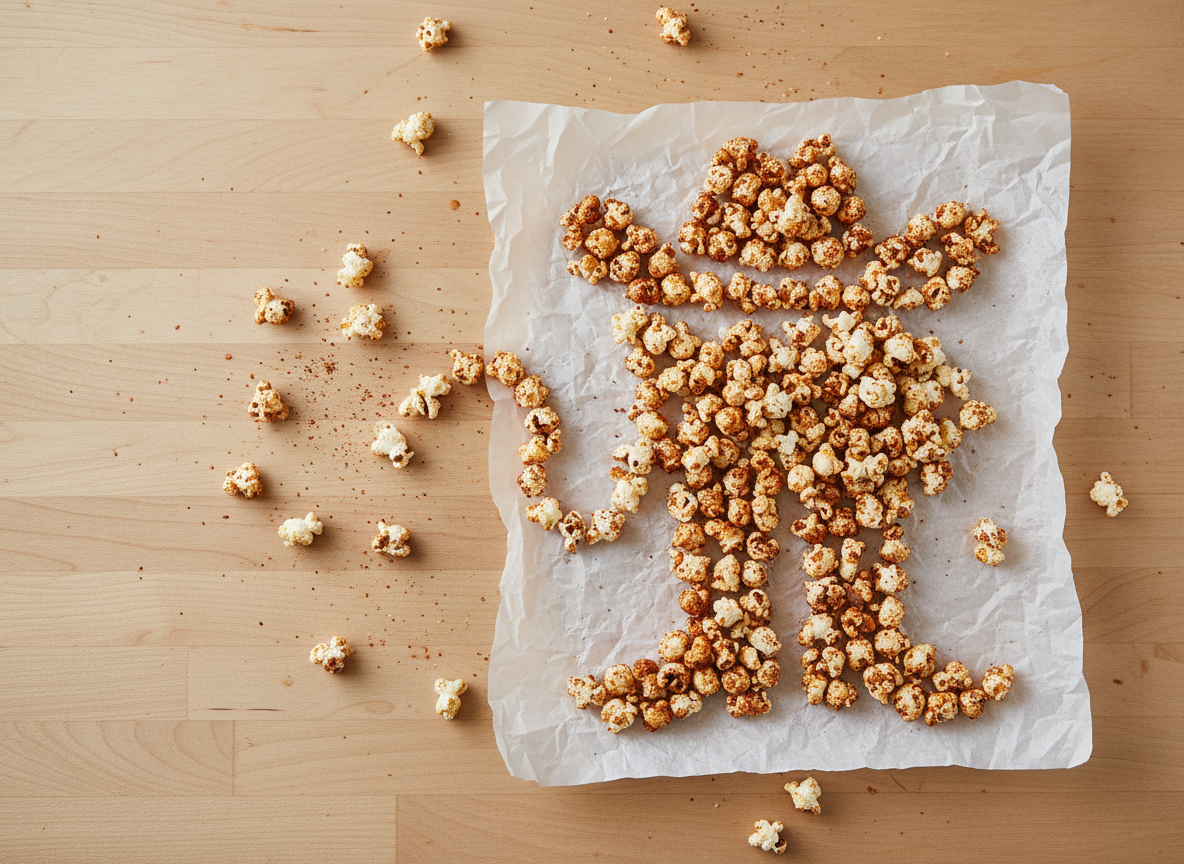 A whimsical still life of Cowboy Popcorn arranged in the shape of a cartoonish cowboy hat and boots on a parchment paper sheet, every kernel coated in speckled barbecue seasoning. The parchment rests on a light maple tabletop, dotted with crumbs and smudges of reddish spice for a playful, imperfect look. Diffused natural light from a nearby window provides soft, even illumination with barely-there shadows, keeping the focus on the fun shapes and rich colors. Shot from a true bird’s-eye view with clean framing and plenty of negative space around the design. Photographic realism with a bright, cheerful, and quirky atmosphere that reflects a playful brand personality.