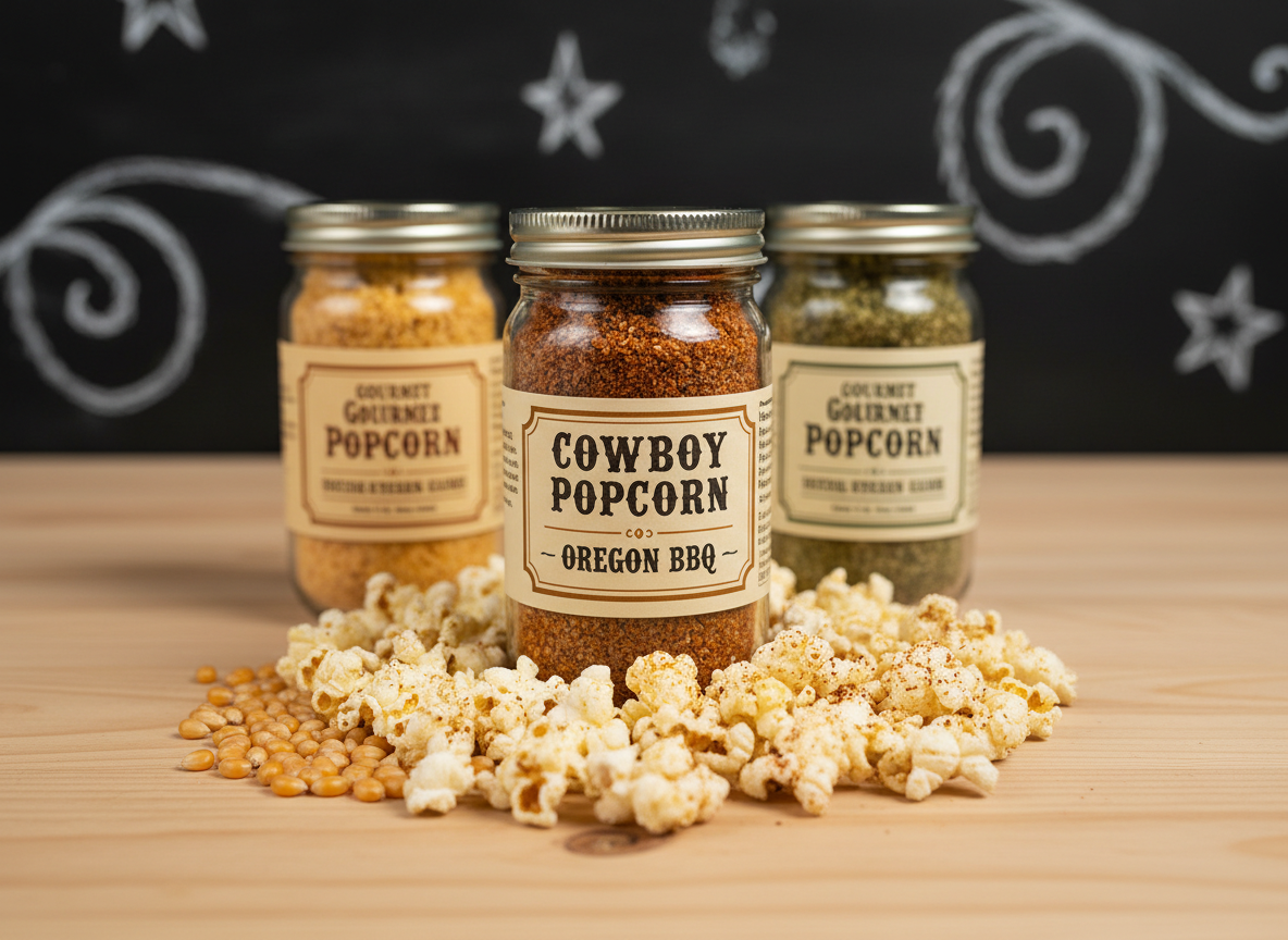 A trio of small-batch popcorn flavor jars lined up on a smooth pine counter, with the center jar labeled “Cowboy Popcorn – Oregon BBQ” in a bold, playful font. In front of the jars, a neat arc of loose popcorn kernels transitions from unpopped golden kernels to fully popped, seasoning-dusted Cowboy Popcorn. Overhead softbox lighting creates even, bright illumination with subtle reflections on the glass and crisp shadows behind each jar. The background is a softly blurred chalkboard wall with faint hand-drawn stars and lassos. Photographic realism, shot from a slightly elevated angle with sharp focus throughout, conveying a fun, artisanal, small-business vibe.