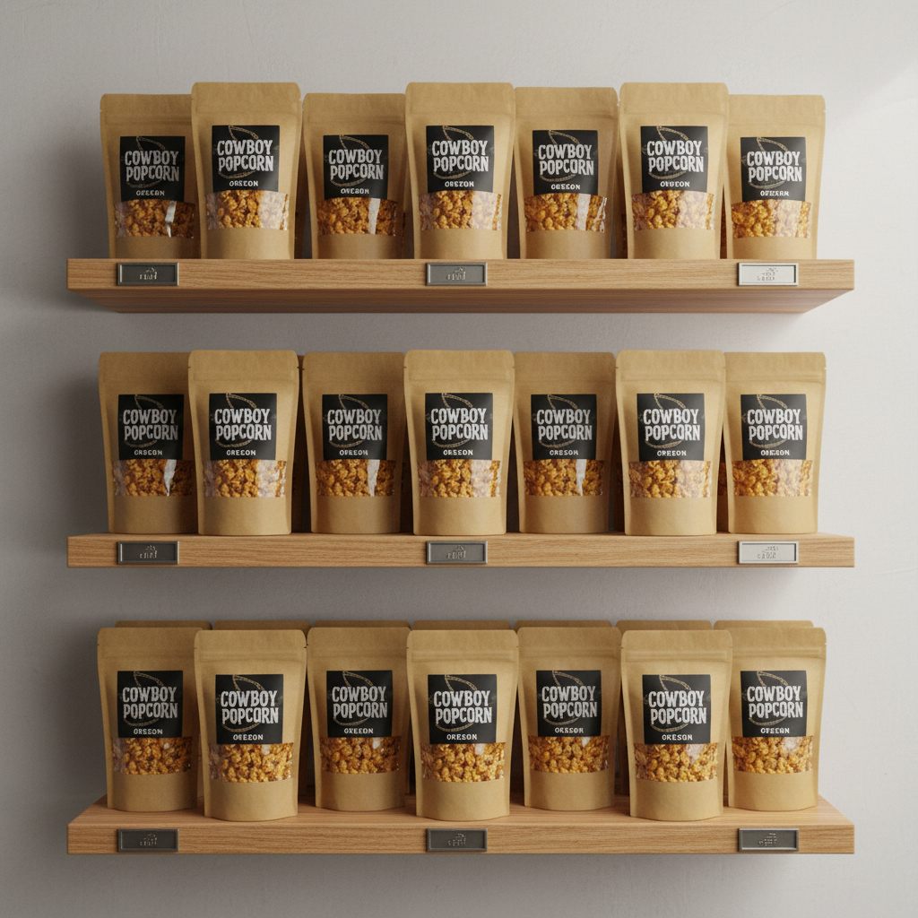 A branded Cowboy Popcorn retail shelf mockup without people, featuring neat rows of matte-finish kraft stand-up pouches with a bold, graphic label showing a stylized lasso circling the words “Cowboy Popcorn Oregon.” Transparent windows in each pouch reveal the barbecue-speckled popcorn inside. The shelves are made of honey-toned wood against a lightly textured white wall, with small metal label holders catching the light. Soft, directional studio lighting from above and slightly to the right creates gentle highlights on the bags and subtle shadows under each shelf. Photographic realism, straight-on composition with sharp focus, producing a clean, modern yet rustic retail feel.