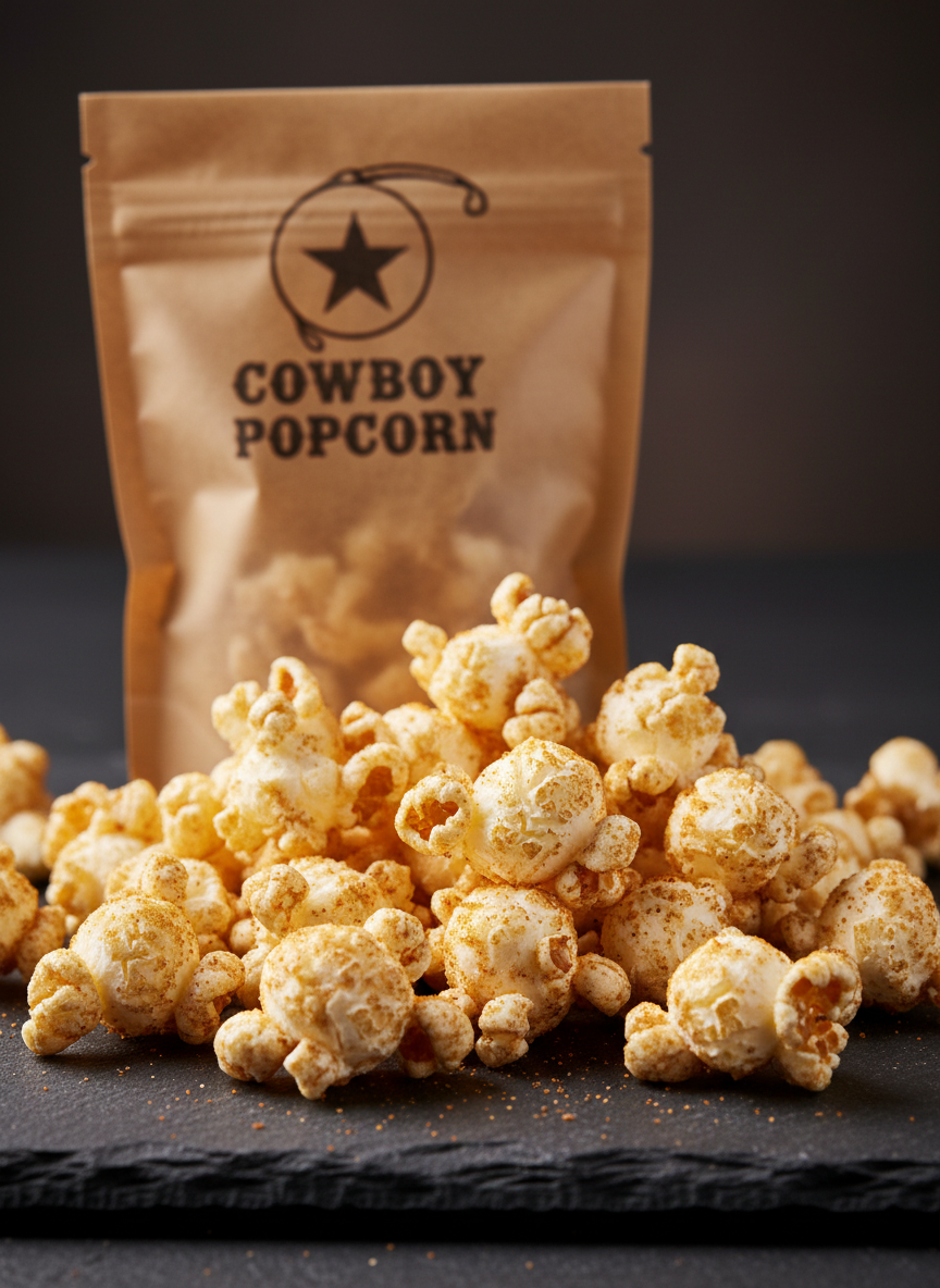A close-up, macro-style shot of Cowboy Popcorn in a rustic brown kraft paper bag branded with a simple illustrated lasso and star logo, the bag tipped slightly to spill kernels onto a slate surface. The popcorn shows crisp white edges with smoky orange-brown barbecue dust clinging to every curve. Soft studio lighting from above creates clean highlights on the glossy kernels and gentle shadows that emphasize their texture. The background fades into a smooth, dark gradient, keeping the composition centered and dramatic. Photographic realism with a bold, modern yet playful mood that emphasizes handcrafted, small-batch quality.
