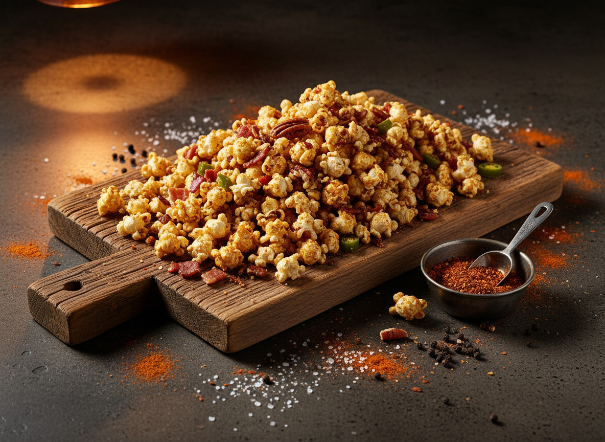 A rustic Oregon barn-wood serving board piled high with Cowboy Popcorn, placed on a dark concrete countertop dusted lightly with paprika, smoked salt, and cracked pepper. A small metal ramekin of deep red-brown barbecue seasoning sits nearby, with a tiny silver scoop resting inside. Overhead warm pendant lighting casts focused pools of light, giving the scene a cozy, campfire-adjacent glow and pronounced, inviting shadows under the kernels. Captured from a three-quarter angle with the board leading diagonally into the frame, photographic realism, the mood is bold, flavorful, and slightly smoky, emphasizing the handcrafted, barbecue-inspired character.