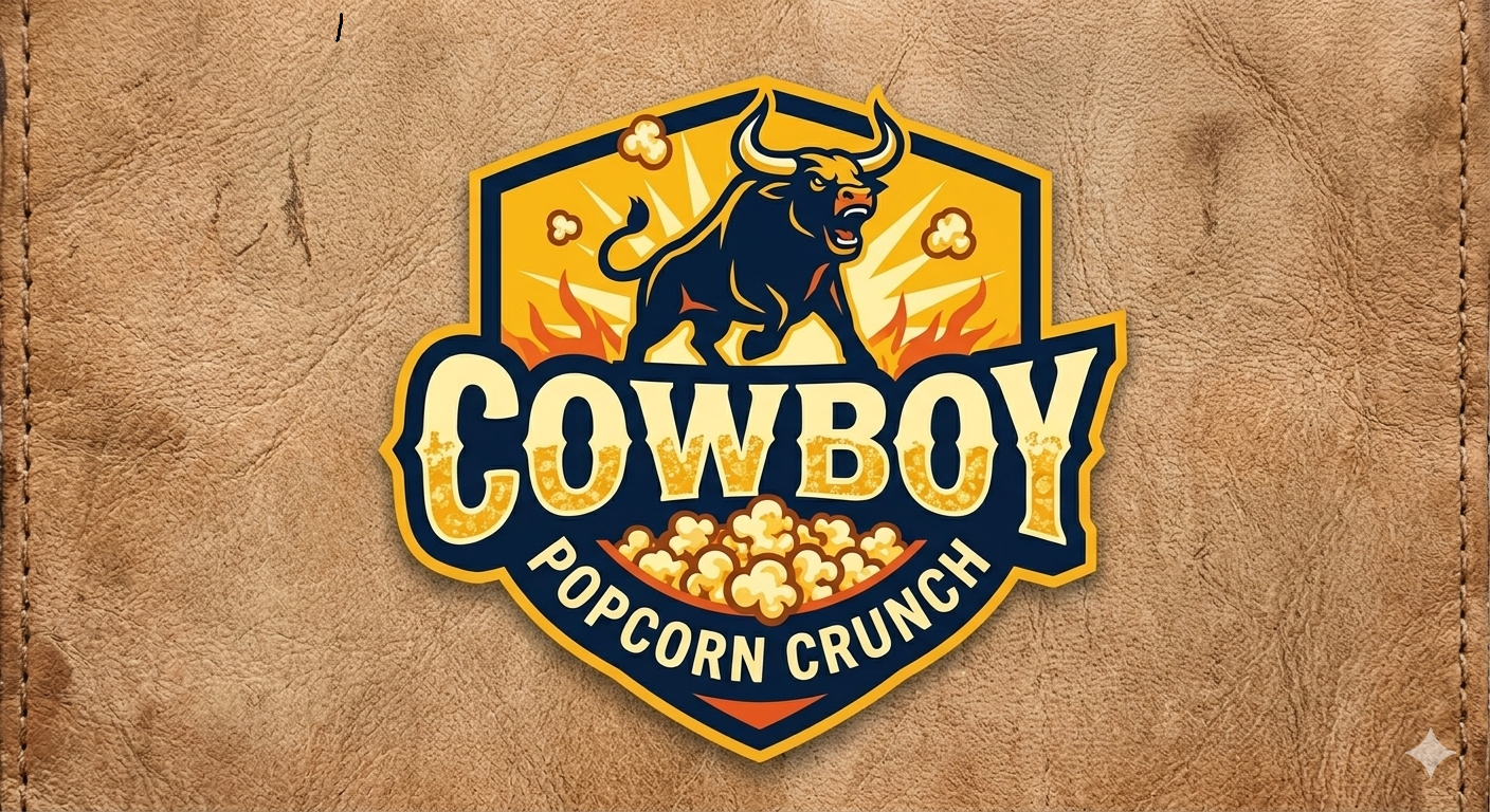 A logo featuring a bull and popcorn, with the text "COWBOY POPCORN CRUNCH" on a brown leather background.